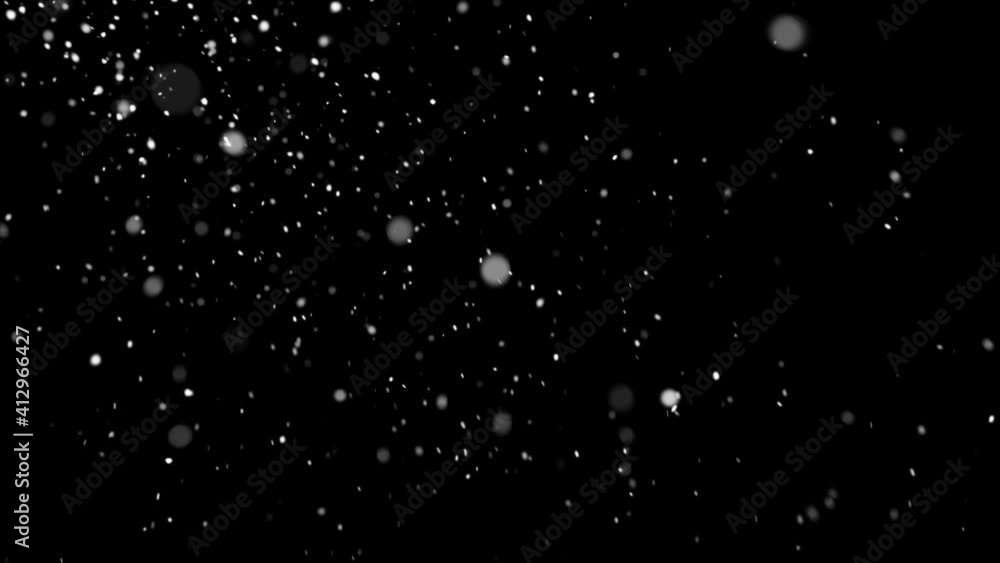 Poster light soft snow falling isolated on black 4k seamless loop. place it over your footage in screen or 