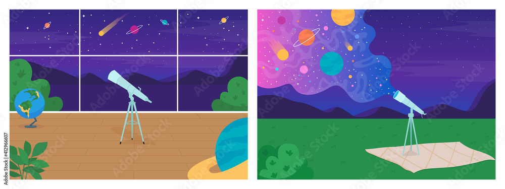 Aufkleber space exploration with telescope flat color vector illustration set. place to learn new thing about 