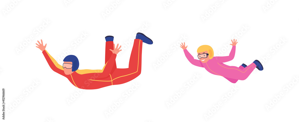 Poster skydiving activity flat color vector faceless character set. preparing for space mission for discove