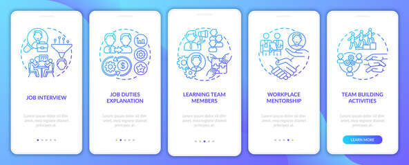 Learning team members onboarding mobile app page screen with concepts. Workplace mentorship walkthrough 5 steps graphic instructions. UI vector template with RGB color illustrations