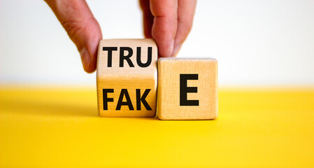 Fake or true symbol. Businessman flips a wooden cube and changes the word 'fake' to 'true' or vice...
