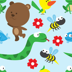 Obraz premium Animal life in children cartoon style seamless pattern, mammals, reptiles, amphibian, bird, insect, dan flowers, best for fabric design, background, or decoration with children themes
