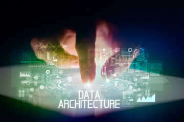 Finger touching tablet with web technology icons and DATA ARCHITECTURE inscription
