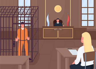 Courthouse flat color vector illustration. Judge listening lawyer who protects criminal. Court workers talking about crime evidences 2D cartoon characters with modern courthouse on background