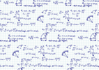 Education and scientific background. Math seamless pattern with the equations, figures, schemes, plots and other calculations on notebook page. Handwritten vector Illustration. 