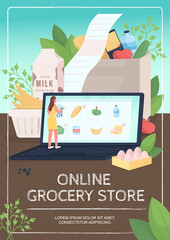 Online grocery store poster flat vector template. Buying food remotely during quarantine time. Brochure, booklet one page concept design with cartoon characters. Virus fighting flyer, leaflet