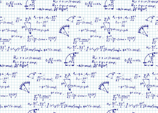 Education and scientific background. Math seamless pattern with the equations, figures, schemes, plots and other calculations on notebook page. Handwritten vector Illustration. 