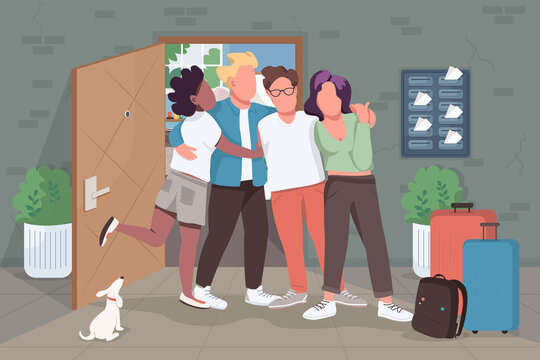 Friends meeting flat color vector illustration. Party after long time sitting at home on quarantine. Close relatives talking 2D cartoon characters with full mail boxes on background