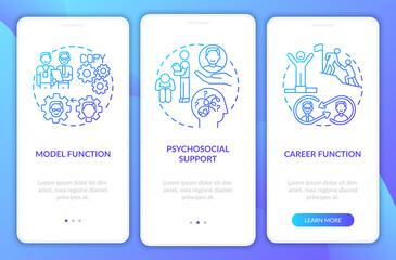 Mentorship with new worker onboarding mobile app page screen with concepts. Psychosocial support walkthrough 3 steps graphic instructions. UI vector template with RGB color illustrations