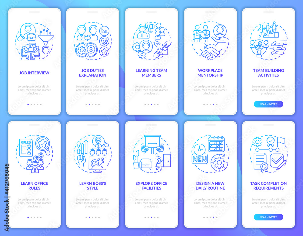 Poster requirements of completion task onboarding mobile app page screen with concepts set. office faciltie