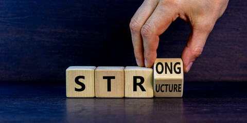 Strong structure symbol. Businessman turns a wooden cube with words 'strong structure'. Beautiful grey background, copy space. Business and strong structure concept.