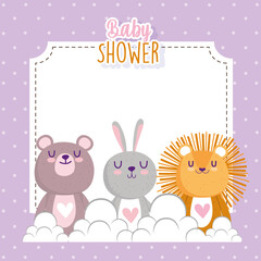 Obraz na płótnie Canvas Baby shower cute little lion rabbit and bear invitation card