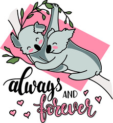 Pair of koalas in love. Written with letters always and forever. Valentine's Day card. Couple of animals. Happy couple. Vector illustration.