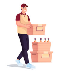 Man carrying box with alcohol bottles. Wine store delivery guy working vector illustration. Young happy worker walking and holding crate for shop or restaurant on white background