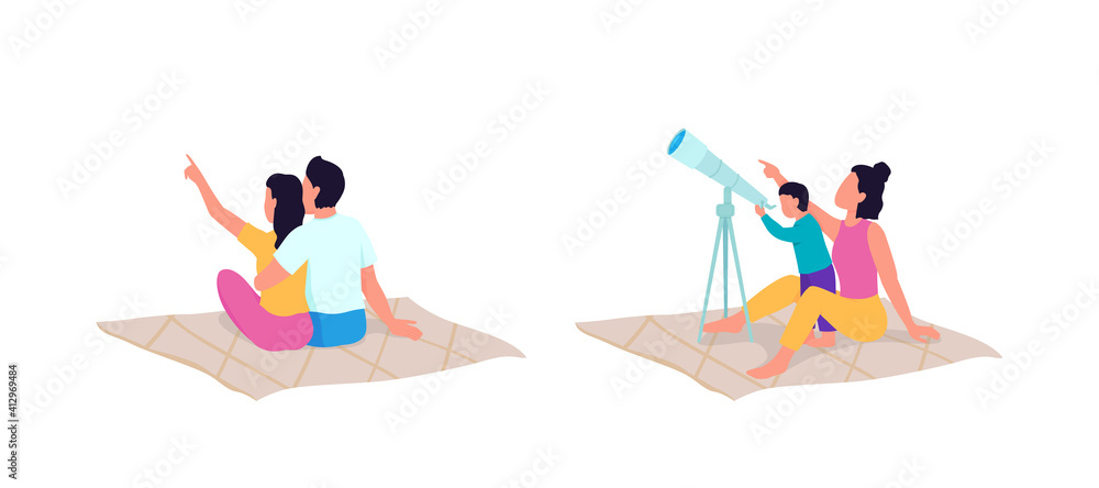 Poster exploring with telescope flat color vector faceless character set. discovering new planets with devi