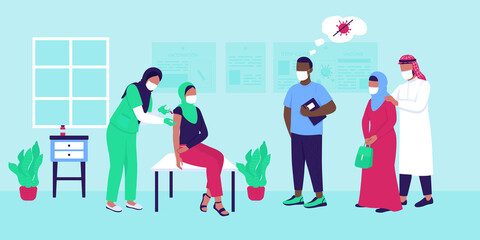 Queue to vaccination flat color vector illustration. Vaccine injection. Nurse with syringe. Indian men and women waiting in clinic 2D cartoon characters with doctor office interior on background