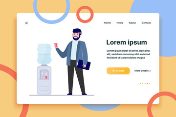 Man drinking water at cooler. Office employee, worker, work break flat vector illustration. Beverage, refreshment, watercooler concept for banner, website design or landing web page