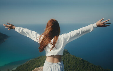 Girl from behind with raised hands on mountain against sea view