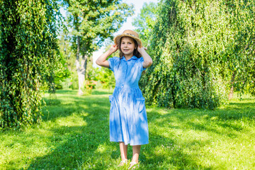 Cute girl straw hat rustic style nature background, rest and relax