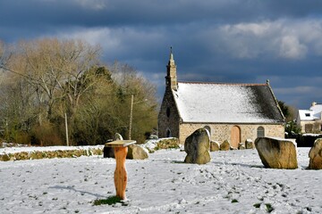The Saint-Gonval chapel in the snow at Penvenan in Brittany. France