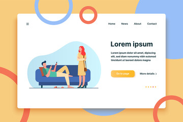 Man lying on sofa when woman standing and looking at him. Couch, laziness, wife flat vector illustration. Family and relationship concept for banner, website design or landing web page