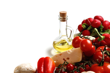 Fresh vegetable with olive oil. Isolated on white background.