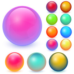 Set of colored balls with glares and shadows on transparent background. Modern spheres collection with beautiful gradient. Vector 3d illustration