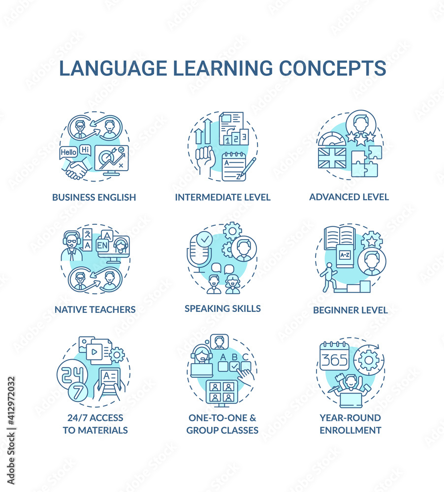 Poster language learning concept icons set. language acquisition idea thin line rgb color illustrations. in