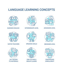 Obraz premium Language learning concept icons set. Language acquisition idea thin line RGB color illustrations. Intermediate level. 24 to 7 access to materials. Vector isolated outline drawings. Editable stroke