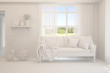 White living room with sofa and summer landscape in window. Scandinavian interior design. 3D illustration