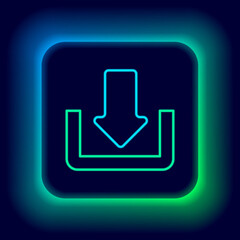 Glowing neon line Download icon isolated on black background. Upload button. Load symbol. Arrow point to down. Colorful outline concept. Vector.