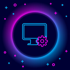 Glowing neon line Computer monitor and gear icon isolated on black background. Adjusting, service, setting, maintenance, repair, fixing. Colorful outline concept. Vector.