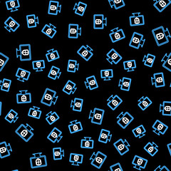 Line Monitor and shield icon isolated seamless pattern on black background. Computer security, firewall technology, internet privacy safety or antivirus. Vector.