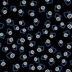 Line Dental protection icon isolated seamless pattern on black background. Tooth on shield logo. Vector.