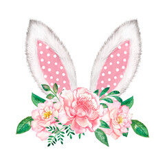 Easter bunny ears with flowers and easter colorful eggs 