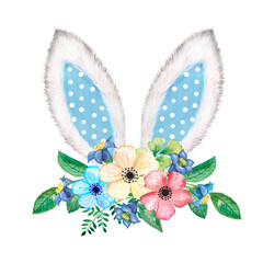 Easter bunny ears with flowers and easter colorful eggs 
