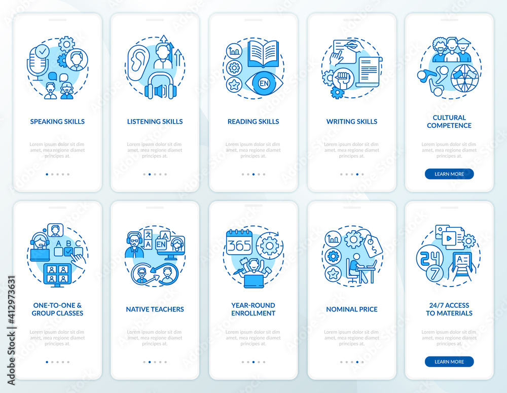 Poster language learning onboarding mobile app page screen with concepts set. english study online courses 