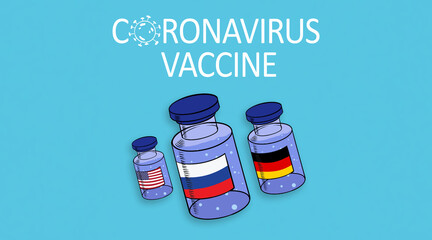 Coronavirus COVID-19 vaccine vials and ampoule banner with russian, germany and USA flags, Illustration on the theme of countries developing a vaccine