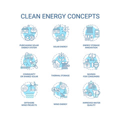 Nature energy concept icons set. Savings for consumers idea thin line RGB color illustrations. Offshore wind projects. Energy storage innovation. Vector isolated outline drawings. Editable stroke