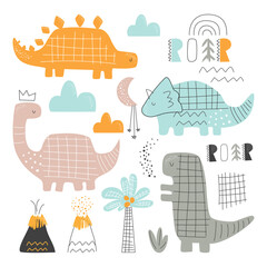 Set with colored dinosaurs and decorative elements in a cage on a white background. Vector illustration for printing on clothing, packaging paper, postcards, posters, banners. Cute baby background