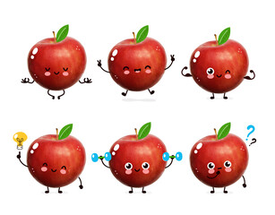 Cute happy apple set collection.  Cartoon character illustration design with hand drawing graphic elements. Isolated on white background. Apple,fitness diet,healthy food nutrition concept