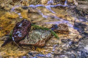 Wasser fließt an Steinen entlang