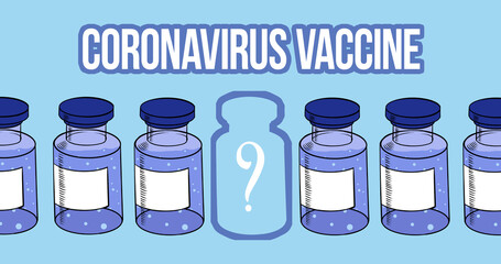 Development and search for a valid vaccine against coronavirus illustration, ampoules and vials with blank labels, banner