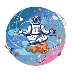 Funny astronaut meditating in space. Man in spacesuit sitting in calming lotus position. Space exploration fun entertainment vector illustration. Cosmonaut in universe, stars and planets