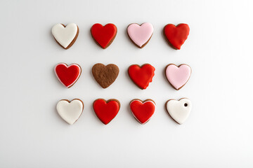 Background from many hearts shaped gingerbread. Valentines Day, white background. Mothers day.
