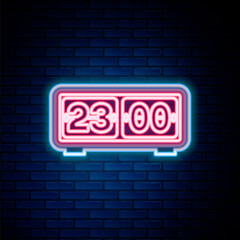 Obraz premium Glowing neon line Retro flip clock icon isolated on brick wall background. Wall flap clock, number counter template, all digits with flips. Colorful outline concept. Vector.