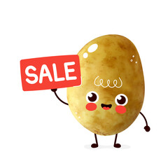 Cute happy potato with sale sign.  Cartoon character illustration design with hand drawing graphic elements. Isolated on white background. Potato sale concept