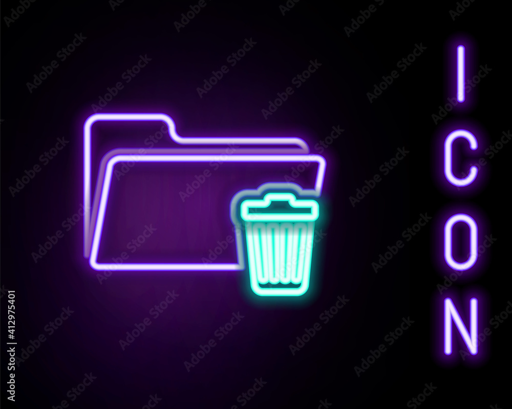 Poster Glowing neon line Delete folder icon isolated on black background. Folder with recycle bin. Delete or error folder. Close computer information folder. Colorful outline concept. Vector.