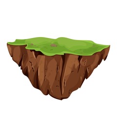  Flying Island with ground and grass isolated on white background, detailed in cartoon style. Ui game assets, background for location, element. Fantasy piece of earth.