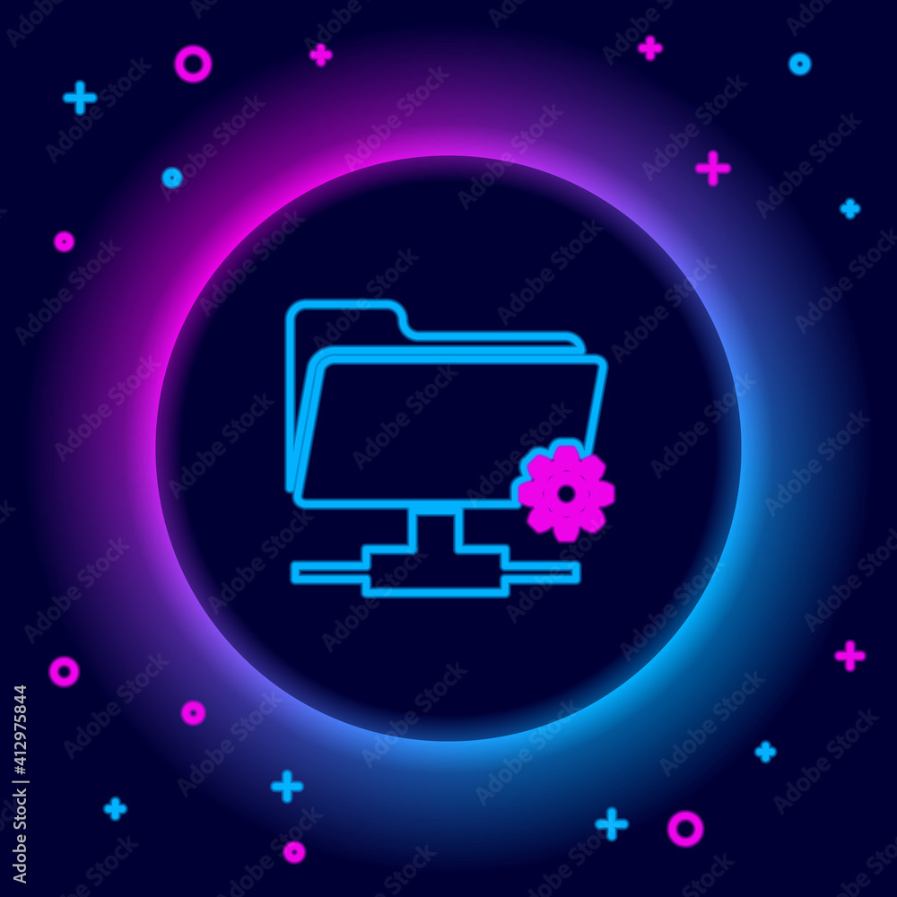 Poster glowing neon line ftp settings folder icon isolated on black background. software update, transfer p
